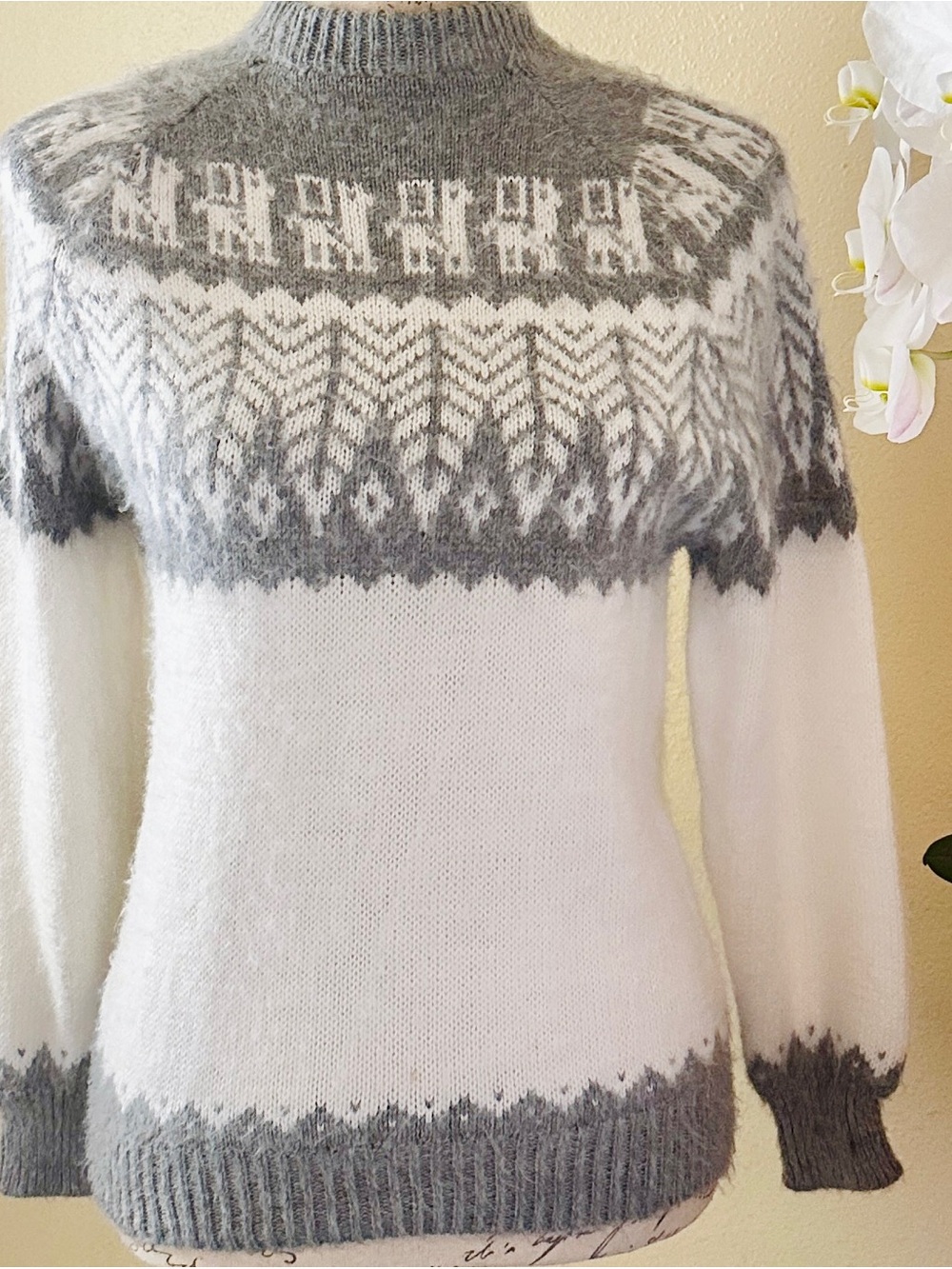 Grey & White Fair Isle Sweater with Llama Design
